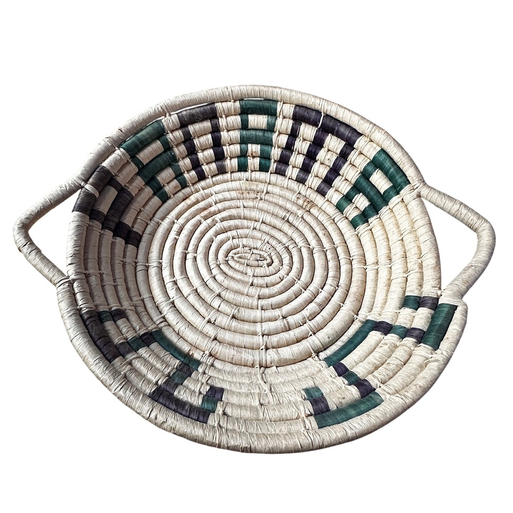 Handwoven Coiled Woven Straw Basket Tray Round Green Purple Geometric 15in